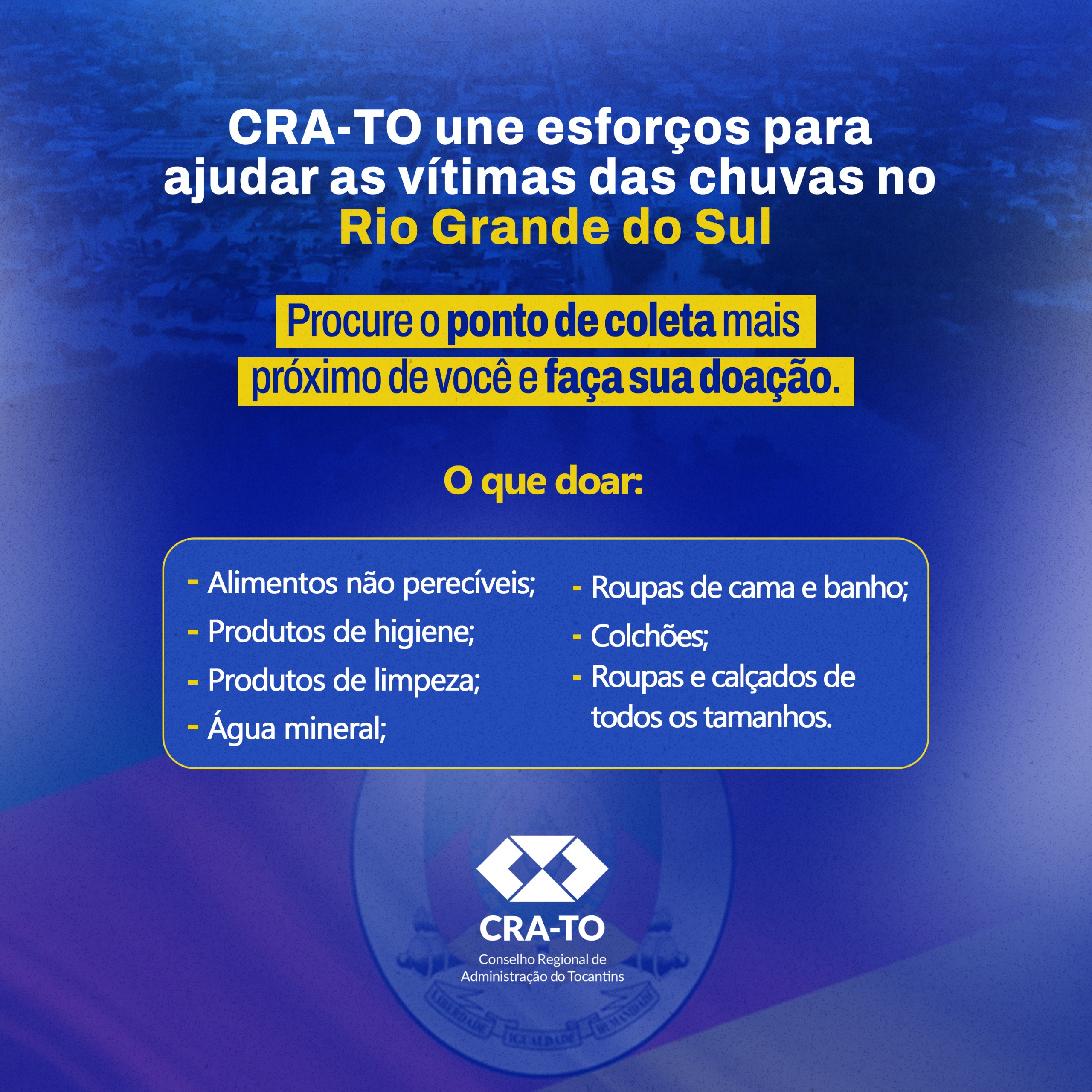 Read more about the article CRA-TO divulga pontos de coleta de doações para ajudar vítimas das chuvas no Rio Grande do Sul
